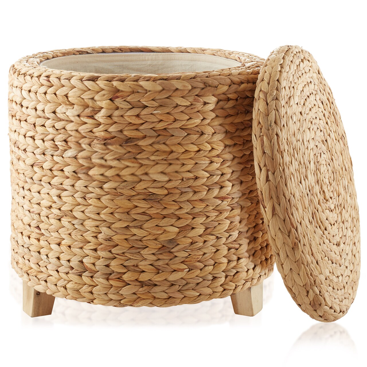 Casafield 17" Round Storage Ottoman with Lid, Handwoven Water Hyacinth Footstool for Living Room, Bedroom, Bathroom, Home Office